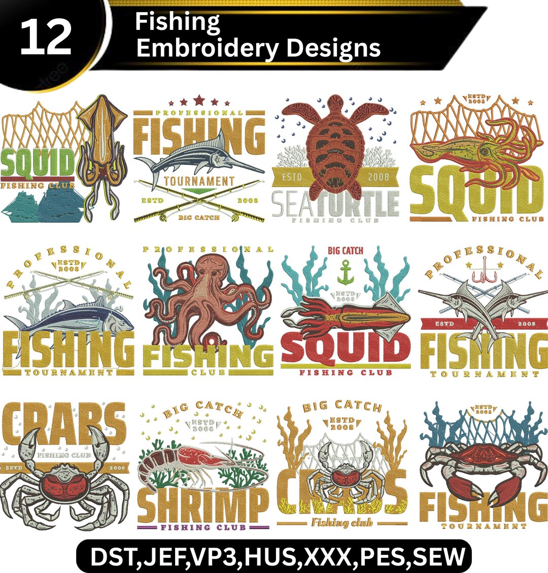 Fishing Embroidery Design, Cute Fisherman Fish Catch Summer Outdoor ...