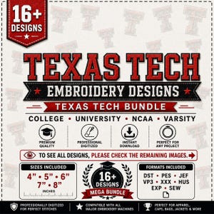 Texas Tech Red Raiders machine Embroidery Designs Wreck 'Em Tech Mascot Logo Embroidery Masked Ride Embroidery Texas Custom Design
