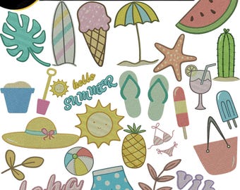 Paquete de bordado de verano, paquete de diseños de bordado de playa, archivos de bordado a máquina tropical, conjunto de iconos lindos de helado, surf y sol