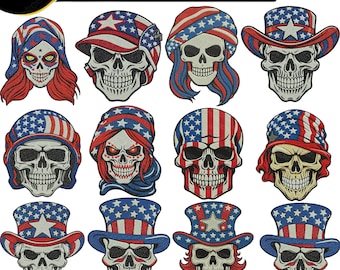 Paquete de archivos de bordado a máquina de calavera americana, diseño de calavera patriótica, calavera con bandera de EE. UU., bordado del 4 de julio, calavera del Tío Sam