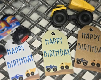 Etiquetas de aniversário com tema de caminhão | Etiquetas de feliz aniversário com tema de construção | Etiquetas de lembrancinha para festa infantil com tema de caminhão | Etiqueta de aniversário personalizada