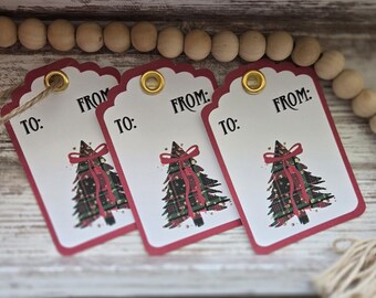Etiquetas de presente artesanais em formato de árvore de Natal xadrez – Quantidades variáveis, vermelho e dourado