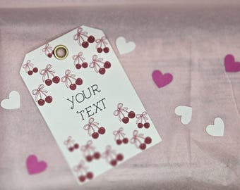 Etiquetas de presente de Dia dos Namorados com laços (fita) e cerejas | Etiquetas para guloseimas de Dia dos Namorados | Etiquetas de Dia dos Namorados feitas à mão | Lembrancinhas de Dia dos Namorados para a sala de aula | 1x2 ou 2x3