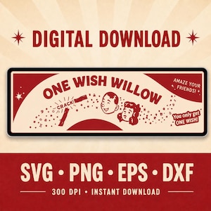 May include: A rectangular graphic design featuring the text ONE WISH WILLOW, a cartoon illustration of two faces, a cracking wishbone, and the phrases AMAZE YOUR FRIENDS! and You only get ONE WISH! in dark red on a cream background with stars.