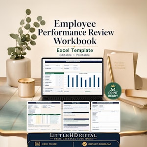 May include: A laptop displaying an employee performance review workbook template. The image includes a notebook, pen, and decorative plant. Text on the screen shows charts and data. The workbook is an Excel template, editable, and printable.