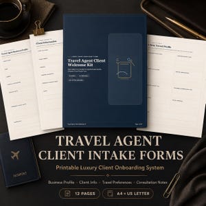 Könnte beinhalten: Ein dunkelblaues Travel Agent Client Welcome Kit mit dem Text "Travel Agent Client Welcome Kit" und "Client Intake Forms". Enthält Formulare für Kundeninformationen, Reisevorlieben und Beratungsnotizen. Enthält auch einen Reisepass.