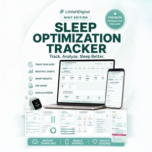 以下が含まれることがあります： 「Sleep Optimization Tracker」ウェブアプリのプロモーション画像。ラップトップ、スマートフォン、スマートウォッチがアプリのインターフェースを表示しています。テキストには「Track. Analyze. Sleep Better.」と「Instant Download.」が含まれています。