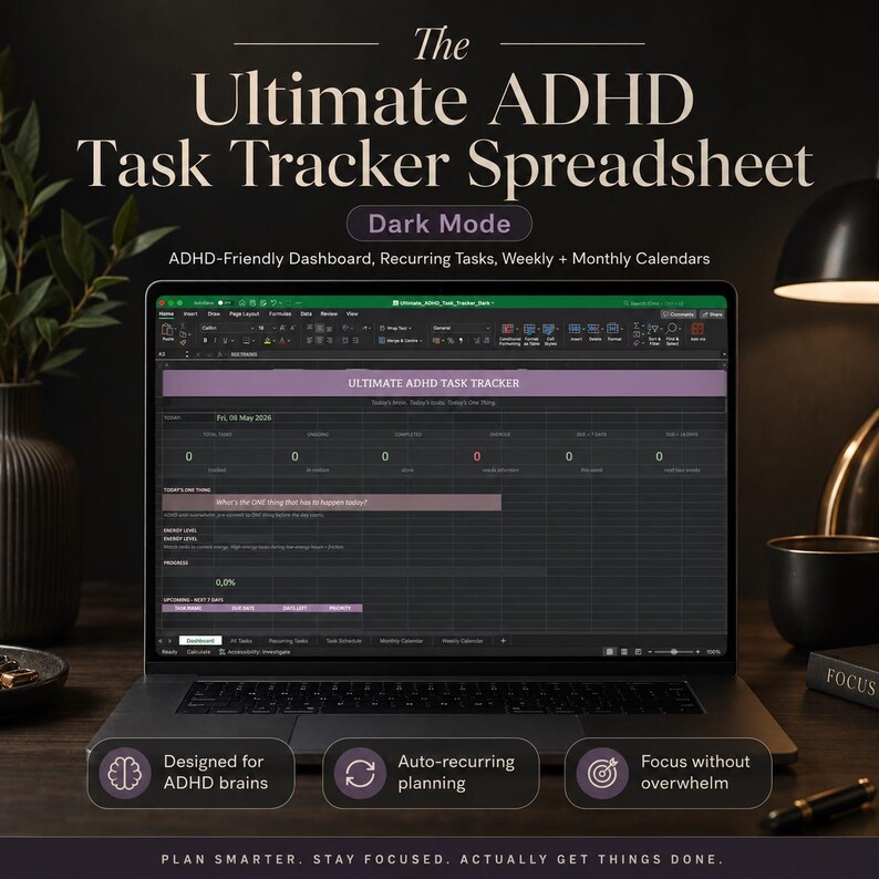 ADHD Task Tracker Spreadsheet, Dark Mode Excel & Google Sheets Planner ...