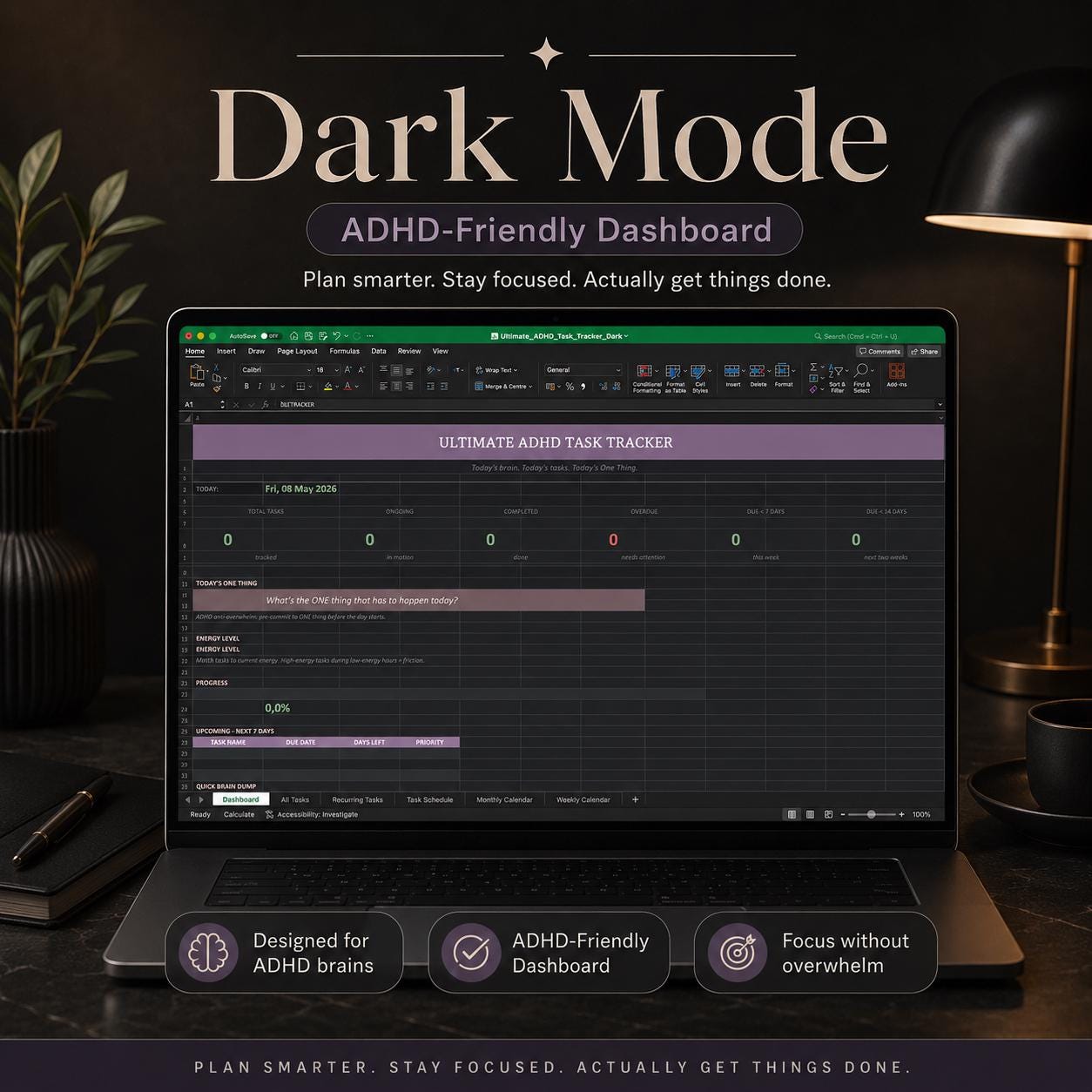 ADHD Task Tracker Spreadsheet, Dark Mode Excel & Google Sheets Planner ...