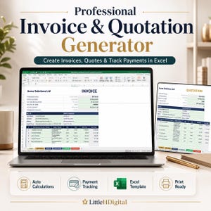 May include: A laptop and tablet displaying invoice and quotation templates. The text reads "Professional Invoice & Quotation Generator" and "Create Invoices, Quotes & Track Payments in Excel." Icons for auto calculations, payment tracking, Excel template, and print ready are also visible.