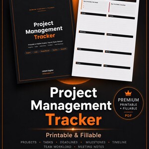 May include: A digital project management tracker template featuring a black cover with orange text reading Project Management Tracker and a white weekly task planner page. The design includes sections for projects, tasks, deadlines, milestones, and team workload.
