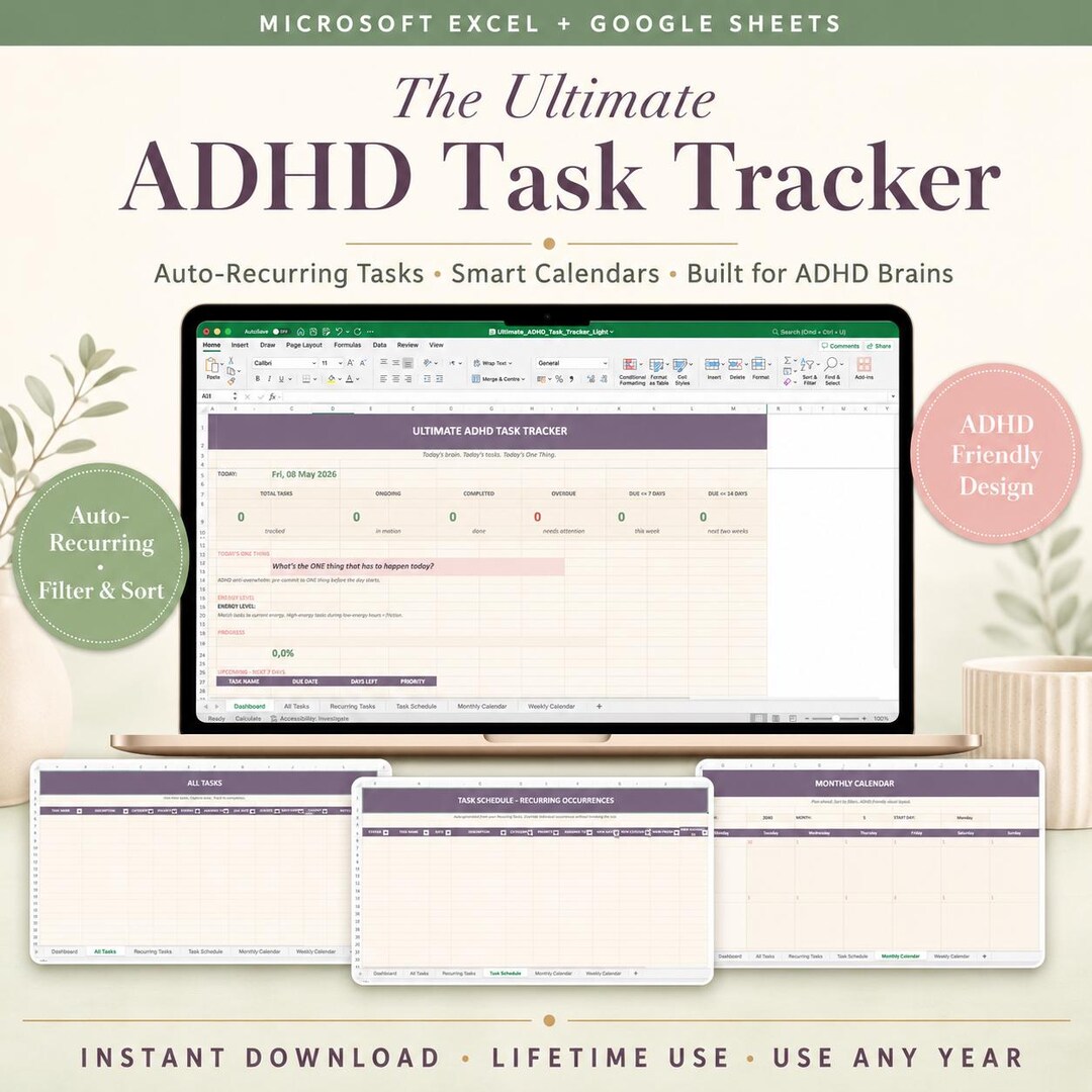 ADHD Task Tracker Spreadsheet, Light Mode Excel & Google Sheets Planner ...