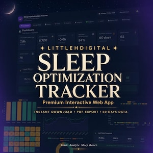 Könnte beinhalten: Digitale Benutzeroberfläche für einen Schlafoptimierungs-Tracker. Die App hat ein dunkelviolettes und blaues Farbschema mit Datenvisualisierungen und dem Text "SLEEP OPTIMIZATION TRACKER". Sie enthält Daten zu Schlafdauer, Schlafqualität und Schlafeffizienz.