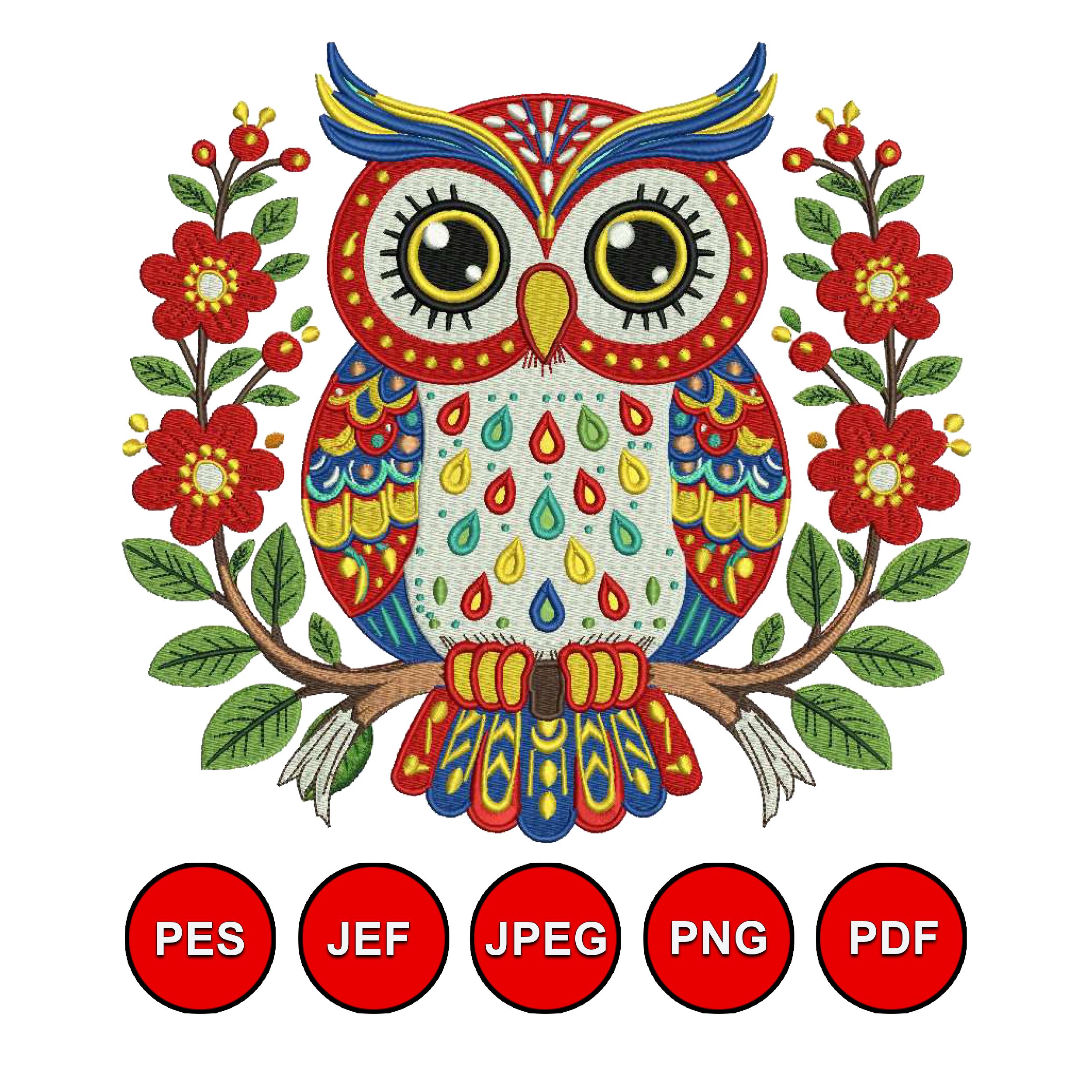 Colorful Owl Embroidery Design | Folk Art Owl Machine Embroidery Pattern | Floral Owl Embroidery Art