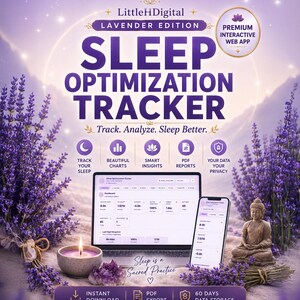 Könnte beinhalten: Werbebild für einen Schlafoptimierungs-Tracker. Das Bild zeigt einen Laptop und ein Smartphone, die die App-Oberfläche anzeigen, umgeben von Lavendel, einer Kerze und einer Buddha-Statue. Der Text enthält "Sleep Optimization Tracker" und "Track. Analyze. Sleep Better."