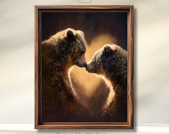 Kunst aan de muur berenpaar, romantische beerprint, poster dierenliefde, cadeau-idee voor Valentijn, gezellig decor in het wild, hartvorm kunst, digitale download