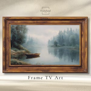 Könnte beinhalten: Gerahmtes Landschaftsgemälde mit einer ruhigen Flussszene und einem kleinen Boot. Das Kunstwerk ist in einem detaillierten, golden-braunen Rahmen eingefasst. Der Text "Frame TV Art" ist unten zu sehen.