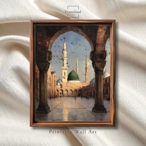 May include: A framed print of a mosque with a green dome and tall minarets, viewed through an archway. The artwork features a detailed depiction of the architecture and a serene sky with birds. The frame is made of wood, and the text "Printable Wall Art" is at the bottom.
