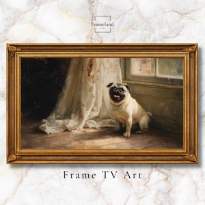 Retrato de perro pug vintage, pintura al óleo para marco de TV Samsung (descarga digital)