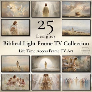 May include: A collection of framed TV art prints featuring biblical scenes. The images depict figures in flowing robes, landscapes, and religious themes. The text reads "25 Designs" and "Biblical Light Frame TV Collection".