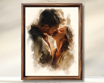 Romantisch paar kus muurkunst afdrukbare, intieme liefde portret schilderij, warme neutrale kunstposter voor slaapkamerdecor en gezellige huisstijl