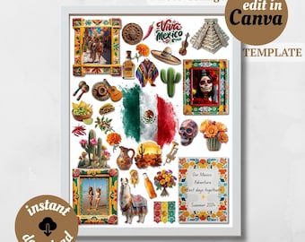 Mexiko Foto-Collage-Vorlage, buntes mexikanisches Reiseplakat, bearbeitbare Canva-Vorlage, personalisierte Mexiko-Wandkunst, lebendiges Wohndekor