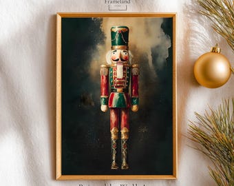 May include: Printable wall art featuring a colorful nutcracker soldier in a wooden frame. The nutcracker is dressed in a red and green uniform with gold accents. The image has a dark background with a gold Christmas ornament and pine needles.