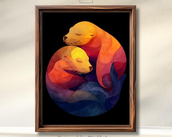 Colorful Sea Lion Art Print, Otter & Sea Lion Wall Art, Vibrant Abstract Animal Poster, Modern Wildlife Decor, Nursery Printable Poster