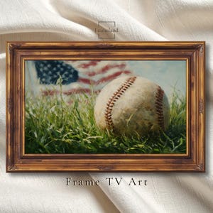 Könnte beinhalten: Ein rechteckiges gerahmtes Kunstwerk mit dem Titel Frameland Frame TV Art, das ein Gemälde eines Baseballs im grünen Gras mit einer amerikanischen Flagge im Hintergrund zeigt. Der Rahmen ist dunkelbraun mit verzierten Schnitzereien.