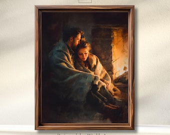 Arte de pared imprimible de pareja romántica y acogedora, pintura de amor con una cálida chimenea, obra de arte para una velada íntima para el dormitorio y una decoración moderna y acogedora para el hogar.