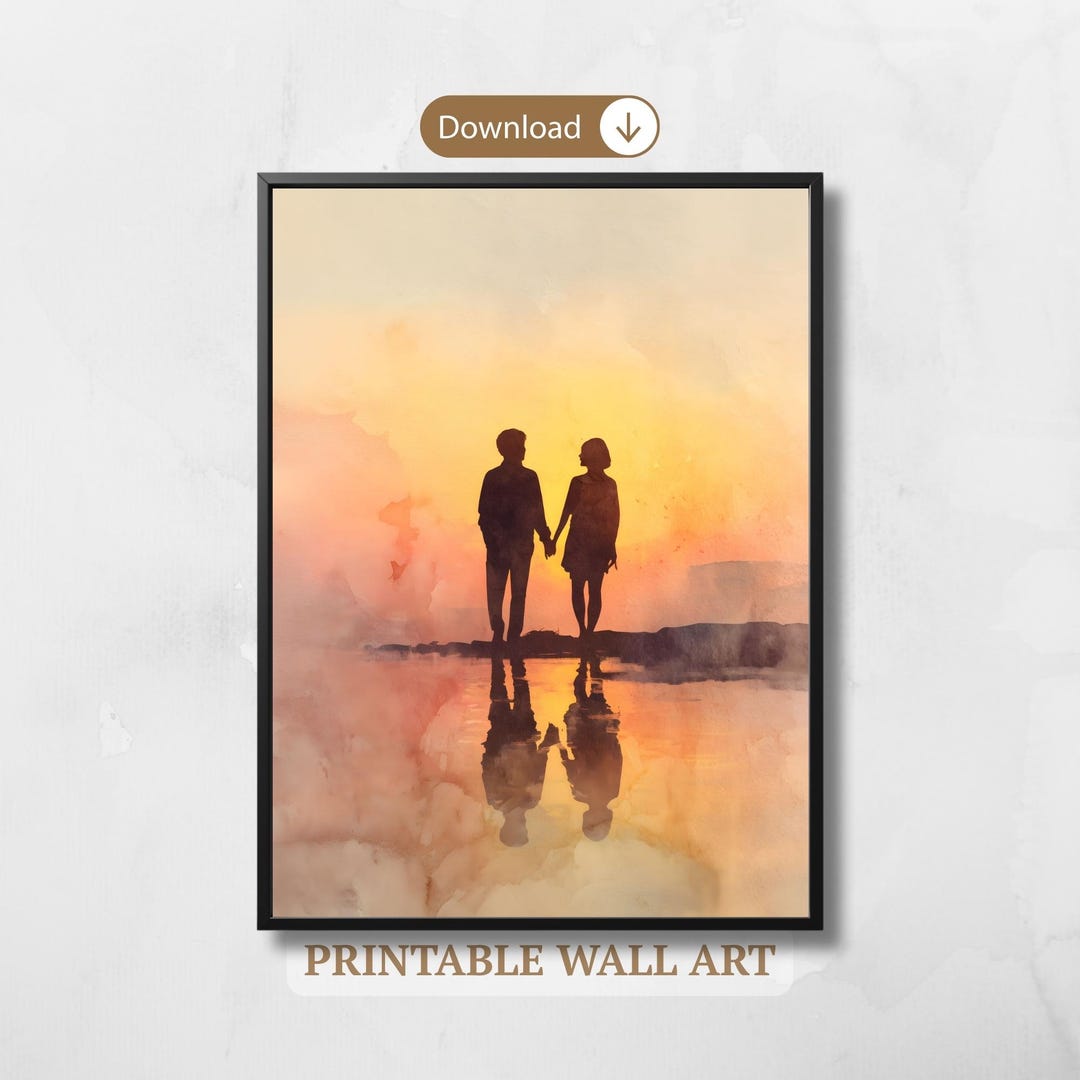 Romantic Couple Silhouette Art Print, Holding Hands at Sunset Wall Art ...