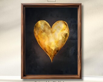 Gold Heart Wall Art, Luxury Heart Print, Golden Love Poster, Romantic Valentine Decor, Minimalist Heart Art, Lovely Gift, Digital Download