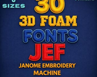 Paquete de fuentes de bordado 3D Puff, JEF, Janome, 6 tamaños (descarga instantánea)