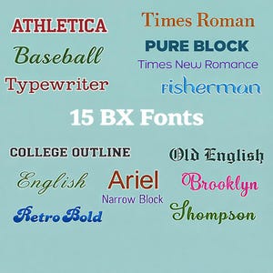 Könnte beinhalten: Auf hellblauem Hintergrund werden die Namen von 15 verschiedenen Schriftarten in verschiedenen Farben und Stilen angezeigt. Zu den Schriftarten gehören "ATHLETICA", "Baseball", "Typewriter", "Times Roman", "PURE BLOCK", "Fisherman", "COLLEGE OUTLINE" und "Old English".