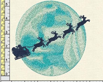 Diseño de bordado de trineo de Papá Noel volando sobre la luna, silueta navideña digital, descarga instantánea, reno, luna, ciervo - ciervos en la nieve