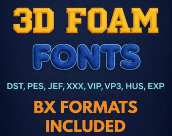 Fuente de bordado 3D Puff, alfabeto completo, 6 tamaños (descarga instantánea)