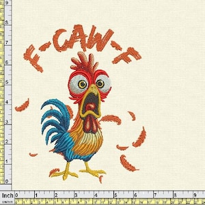 May include: Embroidered image of a cartoon rooster with wide eyes and an open beak, surrounded by orange feathers. The text "F-CAW-F" is above the rooster in orange thread. The rooster has blue, orange, red, and yellow coloring.