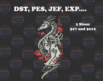 Diseño de bordado de mujer dragón / Chica floral con dragón estilo japonés / Archivo de bordado a máquina de 5x7 y 5x12 / DST PES JEF ExP / Descarga instantánea