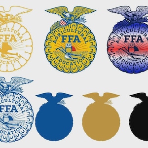 May include: A collection of FFA emblem designs in various colors. The emblems feature an eagle, the letters "FFA", and the words "Agricultural Education". Some emblems are detailed with color gradients.