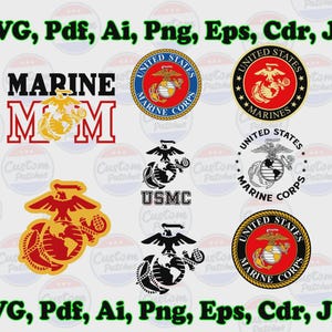 May include: A collection of United States Marine Corps emblems and logos in various designs. Includes the words "MARINE MOM" and "USMC". The image also contains the file types: SVG, Pdf, Ai, Png, Eps, Cdr, Jpg.