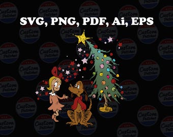Lindo SVG festivo de una niña, un perro alegre y un árbol de Navidad brillante con estrellas y adornos, ideal para fiestas, regalos e imprimibles.