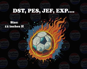 Diseño de bordado de balón de fútbol en llamas: archivo detallado de puntada de balón de fútbol en llamas para DST, PES, JEF, Exp. Perfecto para ropa deportiva y chaquetas.