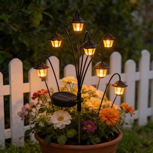 May include: A solar-powered garden stake with seven miniature lantern lights. The black metal stake is in a terracotta pot filled with colourful flowers. The lanterns emit a warm glow, ideal for outdoor decoration.