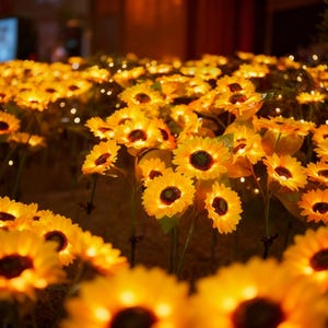 Op de afbeelding: Een veld van verlichte kunstzonnebloemen met heldergele bloemblaadjes en donkerbruine centra. De bloemen zijn van binnenuit verlicht, wat een warme, uitnodigende gloed creëert. Kleine, twinkelende lichtjes zijn verspreid over de scène.