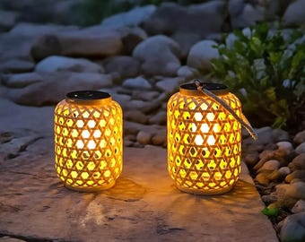 Farol solar de ratán – Luz cálida para exteriores / Farol de jardín impermeable / Decoración tejida estilo bambú