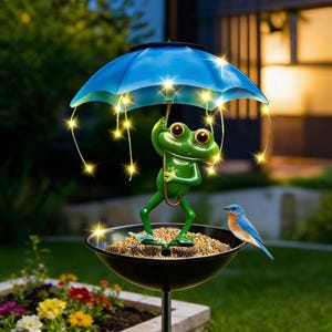 Puede incluir: Una caprichosa figura de rana verde sosteniendo un paraguas azul con luces de cadena, posada sobre un comedero para pájaros. Un pequeño pájaro azul se posa en el borde del comedero. La decoración del jardín está ambientada sobre un fondo de vegetación y flores.