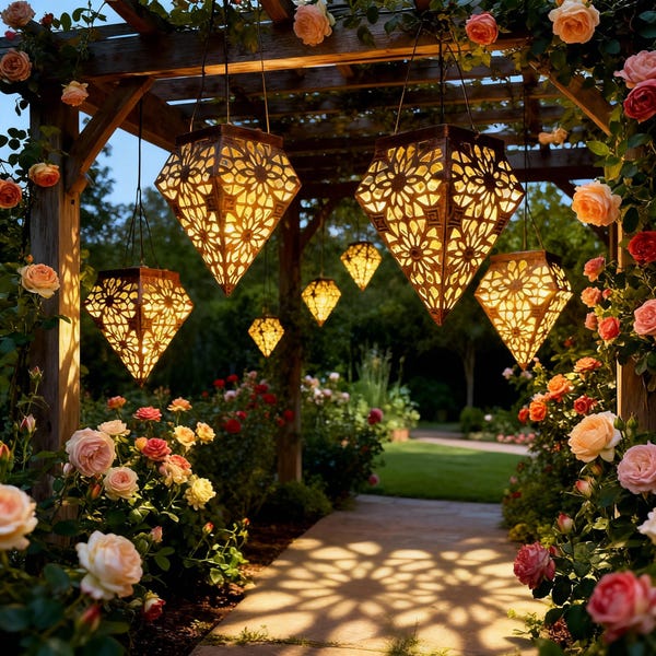 Farol metálico vintage con energía solar – Diseño floral calado