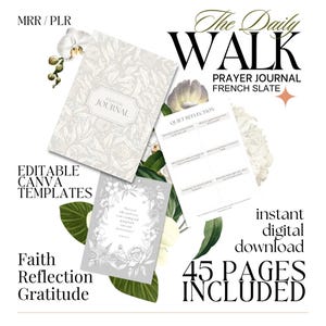 Puede incluir: Descarga digital de un diario de oración titulado "The Daily Walk" y "Prayer Journal French Slate". El diario incluye 45 páginas y es una plantilla de Canva editable. El diseño incorpora elementos florales y las palabras "Faith, Reflection, Gratitude".