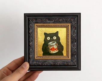 Gold Foil Cat Original Mini Oil Painting, Tiny Framed Pet Portrait Wall ...