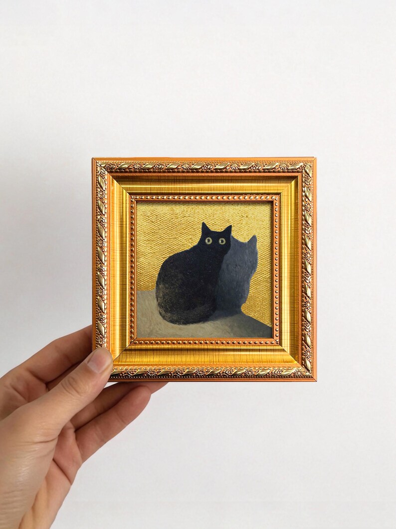 Gold Leaf Cat Original Mini Oil Painting, Tiny Framed Pet Portrait Wall ...